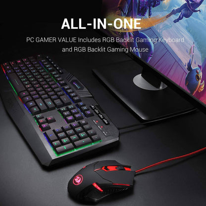 Redragon S101 Wired Gaming Keyboard and Mouse Combo RGB Backlit Gaming Keyboard with Multimedia Keys Wrist Rest and Red Backlit Gaming Mouse 3200 DPI for Windows PC Gamers (Black) Redragon 